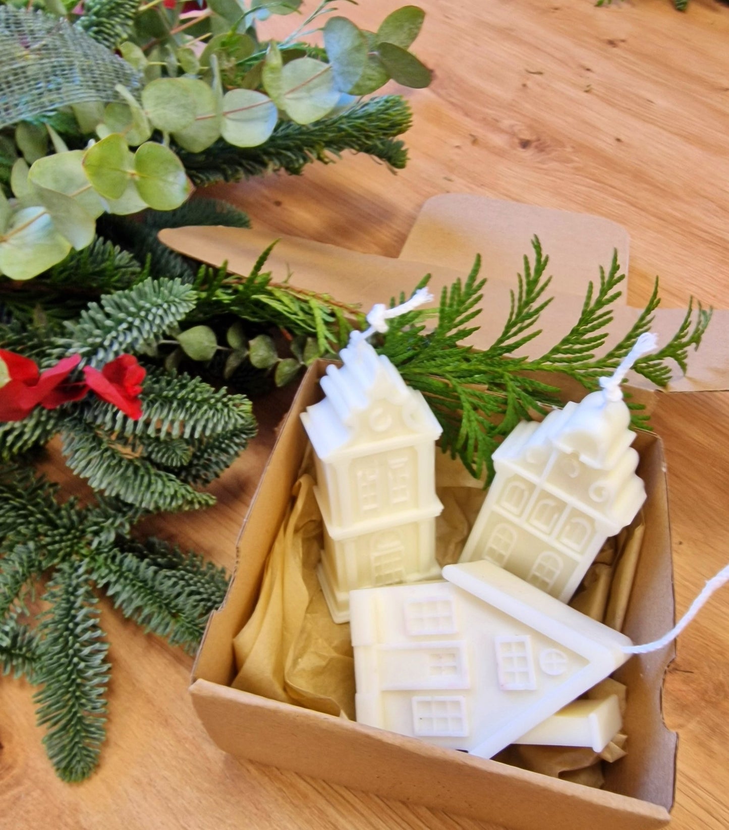 artesanal Set Velas Navidad Pueblo Blanco hecho a mano en Taller Floral by Vera Kiperi Zaragoza